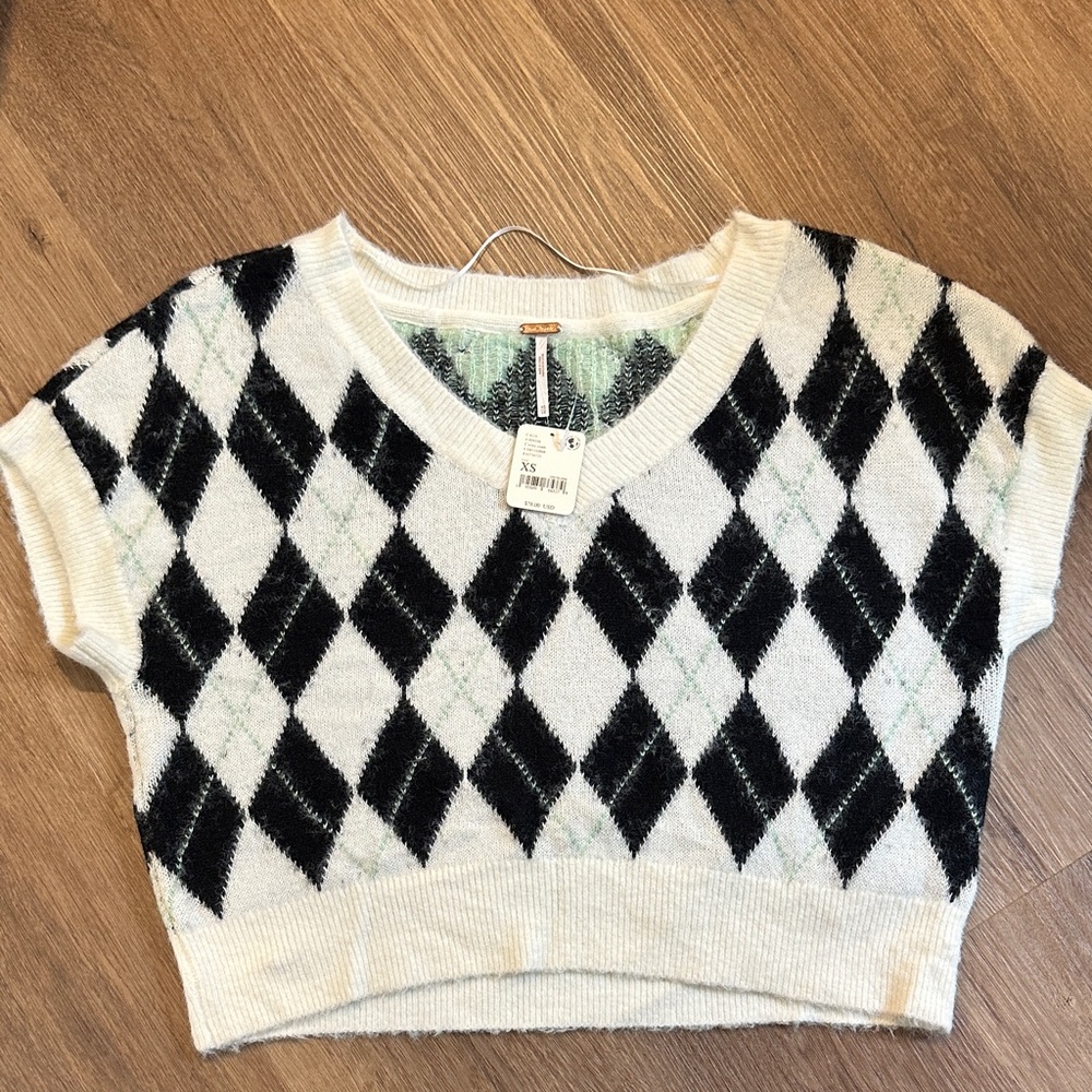 Free People Cream and Black Argyle Off-the-Shoulder Sweater